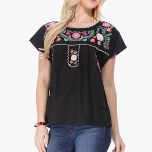 Unik Plus Size Black Puebla Mexican multicolored Embroidered Blouse SZ XXXL NWT